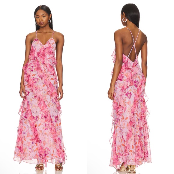 NWT MISA Damita Maxi Dress in Fire Florals Mix Pink Ruffle - Picture 3 of 10